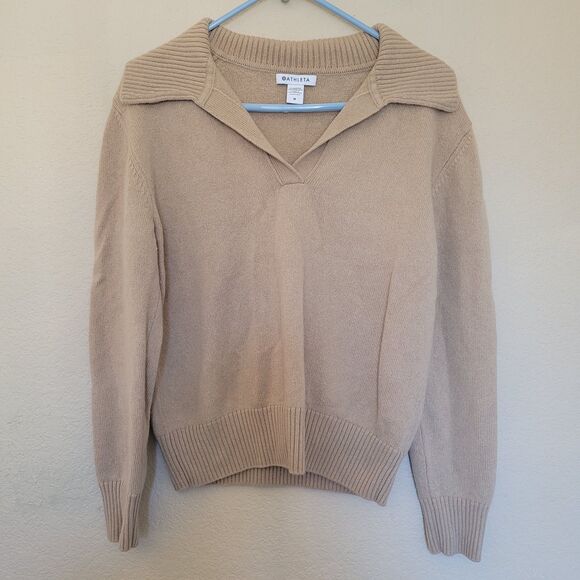 Athleta Cashmere Merino Wool Brown Sweater Size Medium V Neck Collared Preppy - Picture 1 of 7